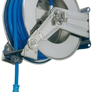 Korting RVS slanghaspel zelfoprollend, voor 20 m. ½" slang, PN 200 met 20 meter slang