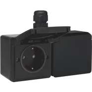 Niko 761-37848 Spuitwaterdicht dubbel horizontaal stopcontact 16 A/250 Vac met beschermingsafsluiters en voorbedraad Inclusief doos met één M20-ingang met wartel Schroefklemmen Zwart Dagaanbieding
