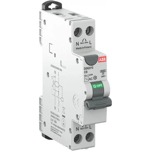 ABB DSN201E B16 A30 Aardlekautomaat 1P+N, B kar, 16A, 30mA, 6kA Beperkte Voorraad